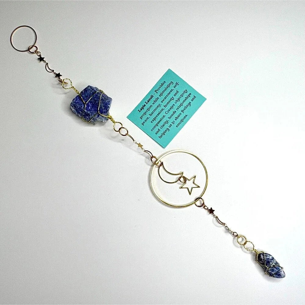 Lapis Lazuli Wall Hanging | Raw & Tumbled Stone | Gold Moon Star Circle Frame